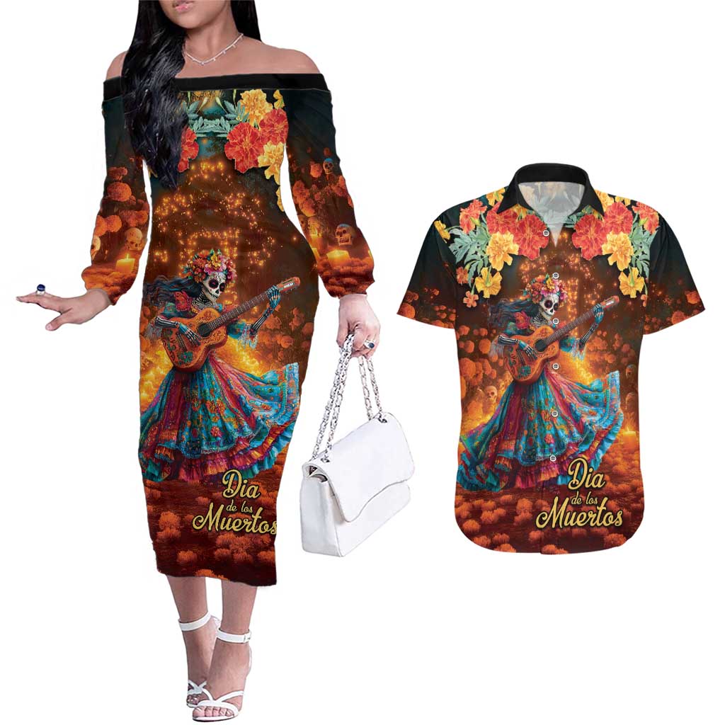 Mexican La Catrina Skeletons Dancing Couples Matching Off The Shoulder Long Sleeve Dress and Hawaiian Shirt Dia de Los Muertos Verion 2 LT9 - Wonder Print Shop