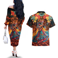 Mexican La Catrina Skeletons Dancing Couples Matching Off The Shoulder Long Sleeve Dress and Hawaiian Shirt Dia de Los Muertos Verion 2 LT9 - Wonder Print Shop