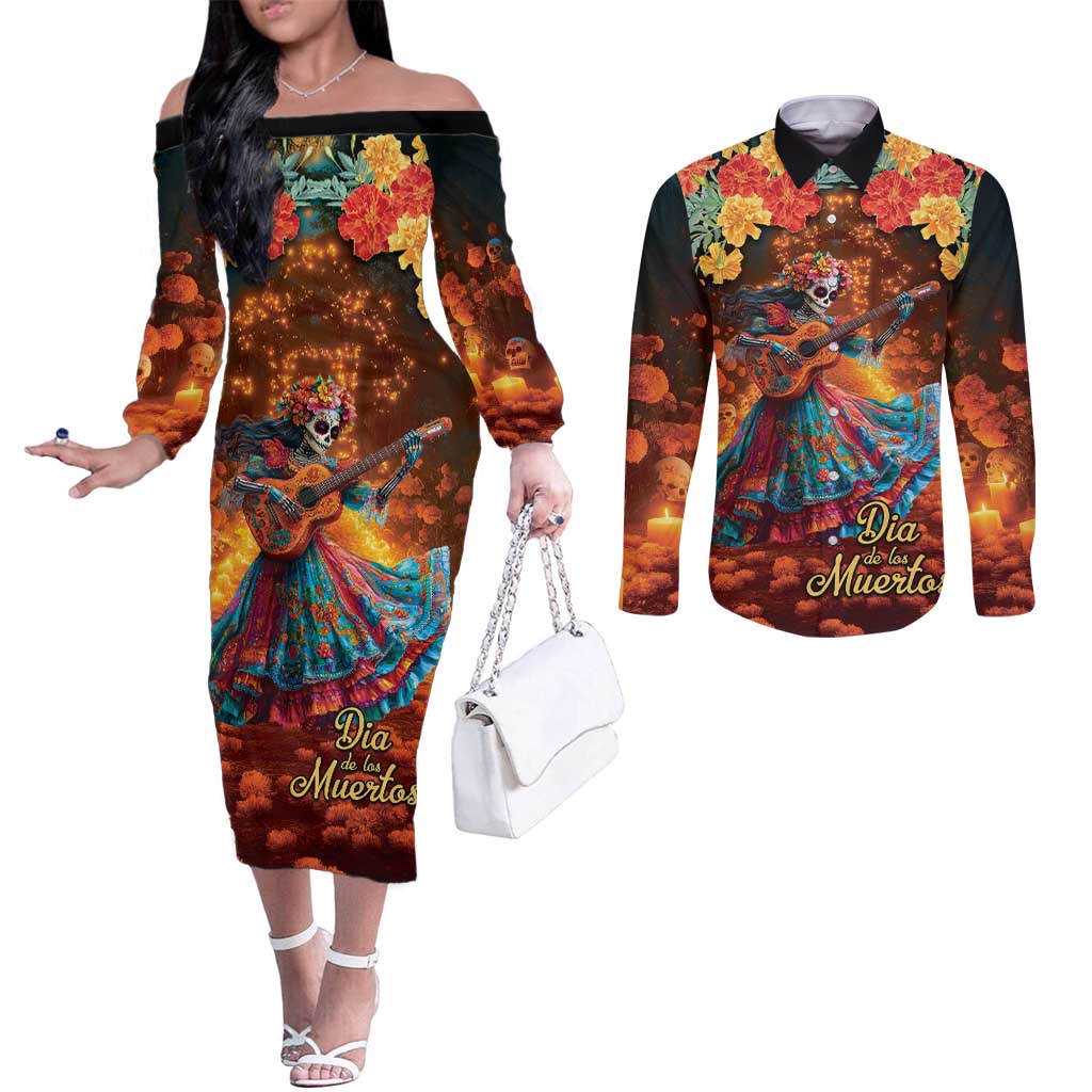 Mexican La Catrina Skeletons Dancing Couples Matching Off The Shoulder Long Sleeve Dress and Long Sleeve Button Shirt Dia de Los Muertos Verion 2