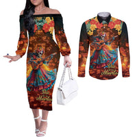 Mexican La Catrina Skeletons Dancing Couples Matching Off The Shoulder Long Sleeve Dress and Long Sleeve Button Shirt Dia de Los Muertos Verion 2