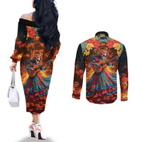 Mexican La Catrina Skeletons Dancing Couples Matching Off The Shoulder Long Sleeve Dress and Long Sleeve Button Shirt Dia de Los Muertos Verion 2