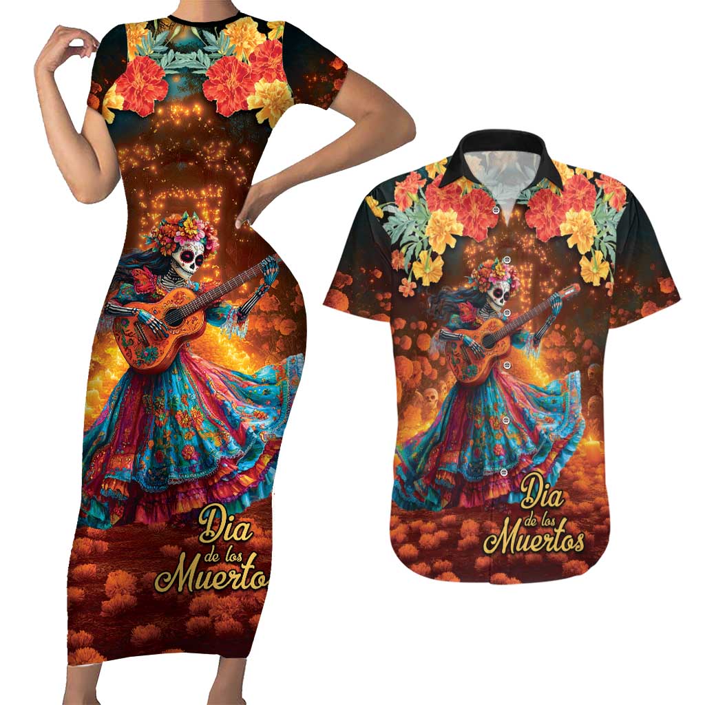 Mexican La Catrina Skeletons Dancing Couples Matching Short Sleeve Bodycon Dress and Hawaiian Shirt Dia de Los Muertos Verion 2 LT9 - Wonder Print Shop