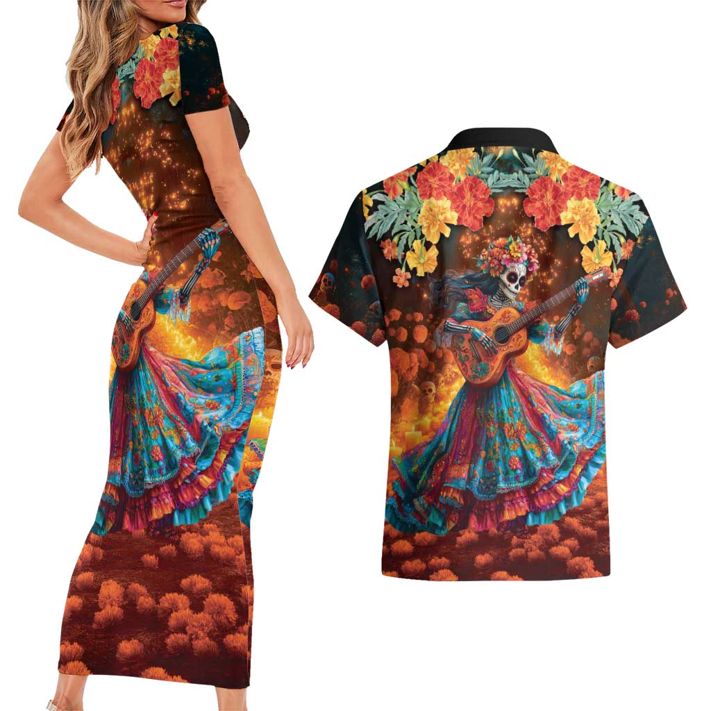 Mexican La Catrina Skeletons Dancing Couples Matching Short Sleeve Bodycon Dress and Hawaiian Shirt Dia de Los Muertos Verion 2 LT9 - Wonder Print Shop