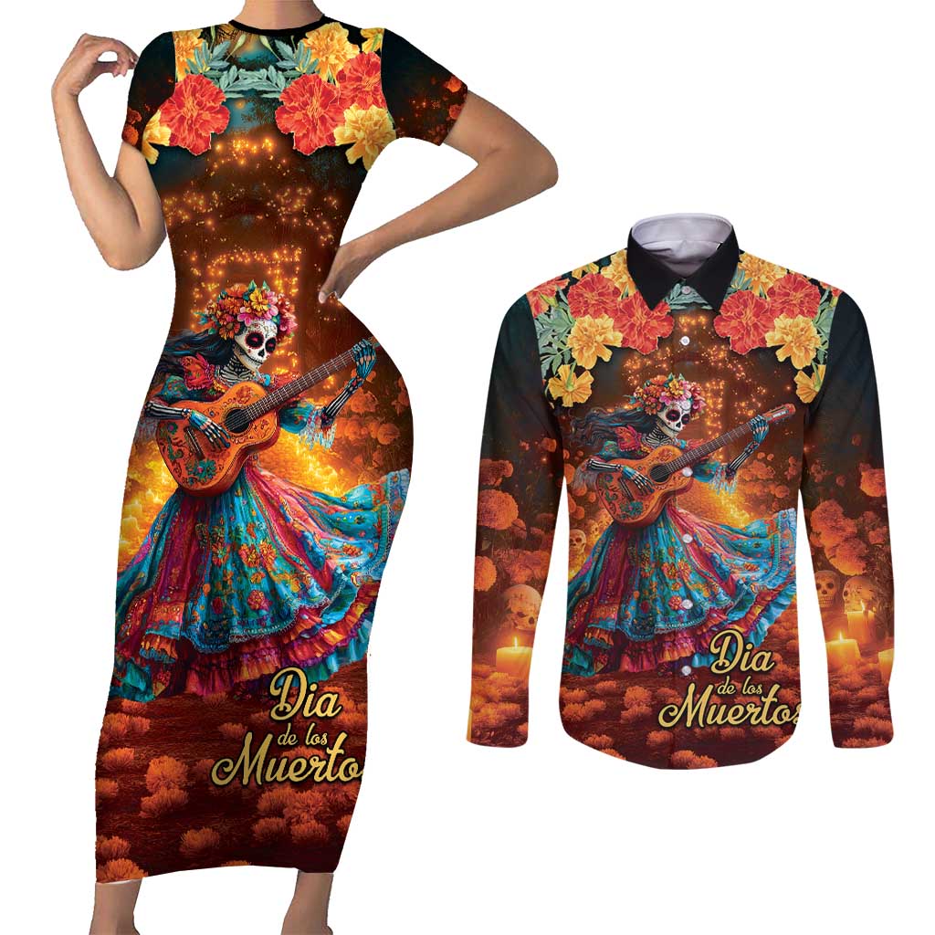 Mexican La Catrina Skeletons Dancing Couples Matching Short Sleeve Bodycon Dress and Long Sleeve Button Shirt Dia de Los Muertos Verion 2 LT9 - Wonder Print Shop