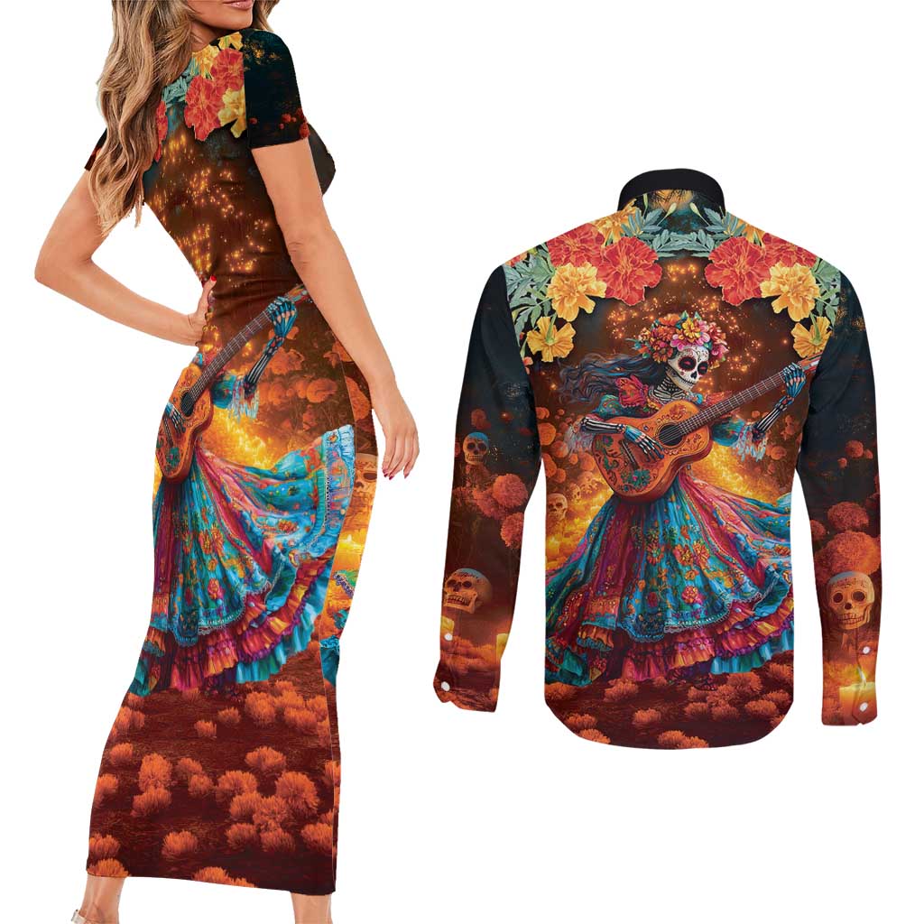 Mexican La Catrina Skeletons Dancing Couples Matching Short Sleeve Bodycon Dress and Long Sleeve Button Shirt Dia de Los Muertos Verion 2 LT9 - Wonder Print Shop