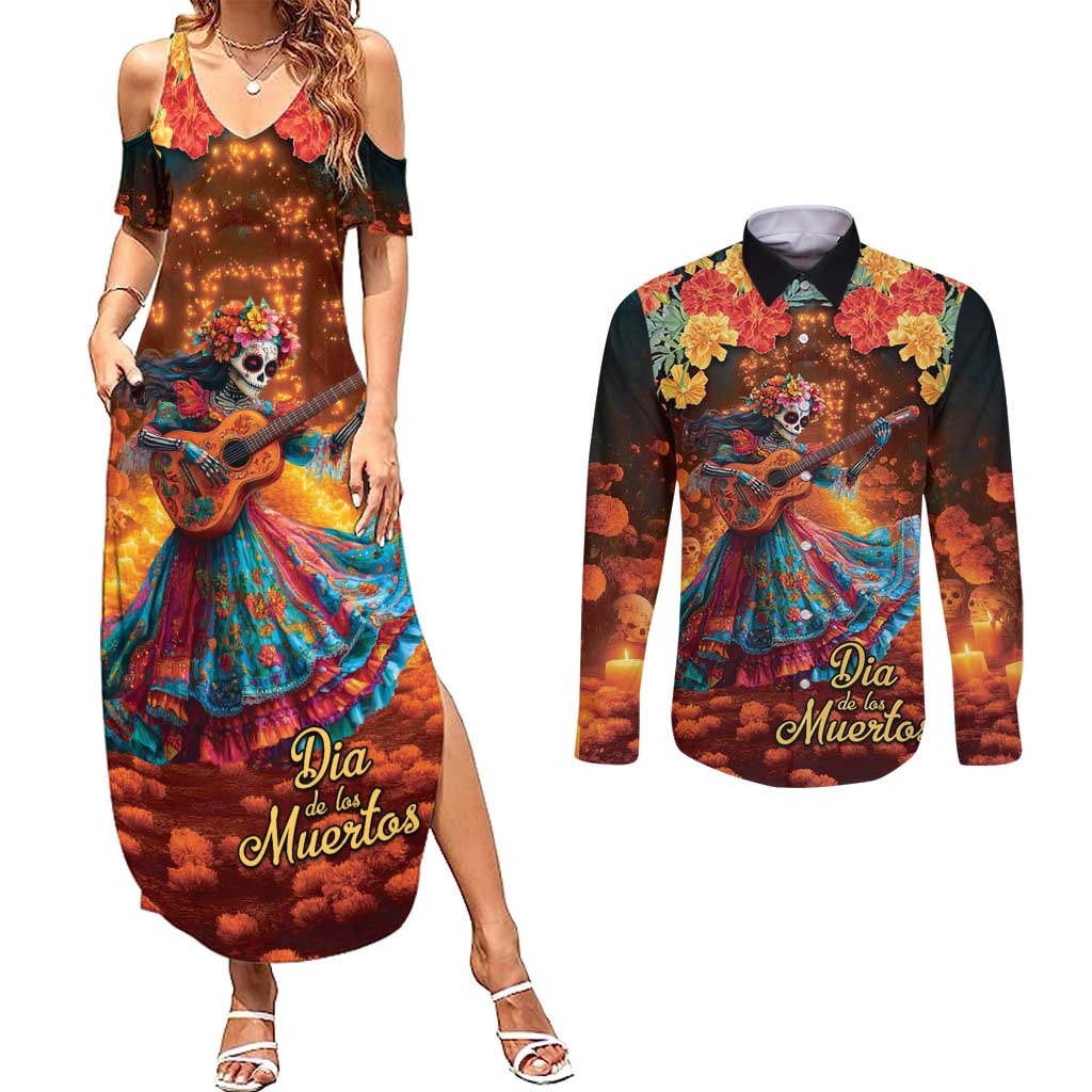 Mexican La Catrina Skeletons Dancing Couples Matching Summer Maxi Dress and Long Sleeve Button Shirt Dia de Los Muertos Verion 2 LT9 - Wonder Print Shop