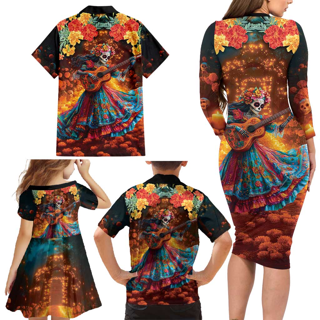 Mexican La Catrina Skeletons Dancing Family Matching Long Sleeve Bodycon Dress and Hawaiian Shirt Dia de Los Muertos Verion 2 LT9 - Wonder Print Shop