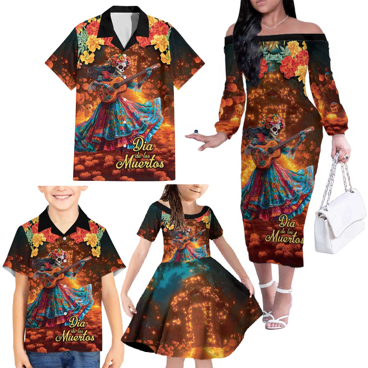 Mexican La Catrina Skeletons Dancing Family Matching Off The Shoulder Long Sleeve Dress and Hawaiian Shirt Dia de Los Muertos Verion 2 - Wonder Print Shop