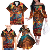 Mexican La Catrina Skeletons Dancing Family Matching Off The Shoulder Long Sleeve Dress and Hawaiian Shirt Dia de Los Muertos Verion 2 - Wonder Print Shop