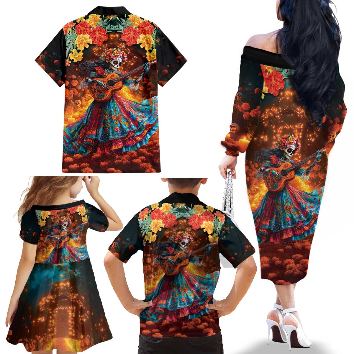 Mexican La Catrina Skeletons Dancing Family Matching Off The Shoulder Long Sleeve Dress and Hawaiian Shirt Dia de Los Muertos Verion 2 - Wonder Print Shop