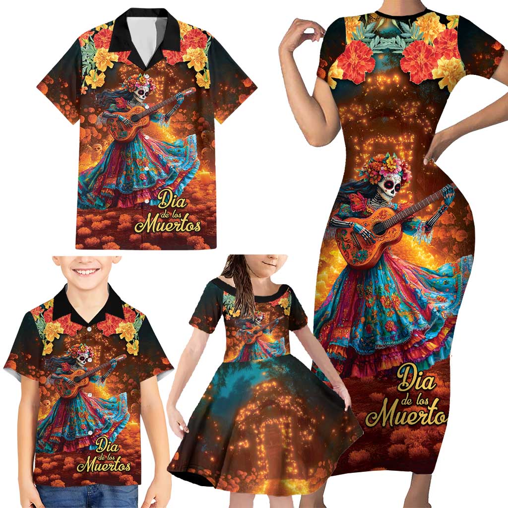 Mexican La Catrina Skeletons Dancing Family Matching Short Sleeve Bodycon Dress and Hawaiian Shirt Dia de Los Muertos Verion 2 - Wonder Print Shop