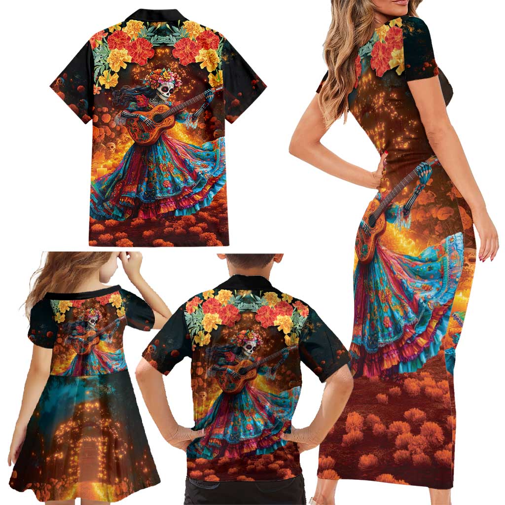 Mexican La Catrina Skeletons Dancing Family Matching Short Sleeve Bodycon Dress and Hawaiian Shirt Dia de Los Muertos Verion 2 - Wonder Print Shop