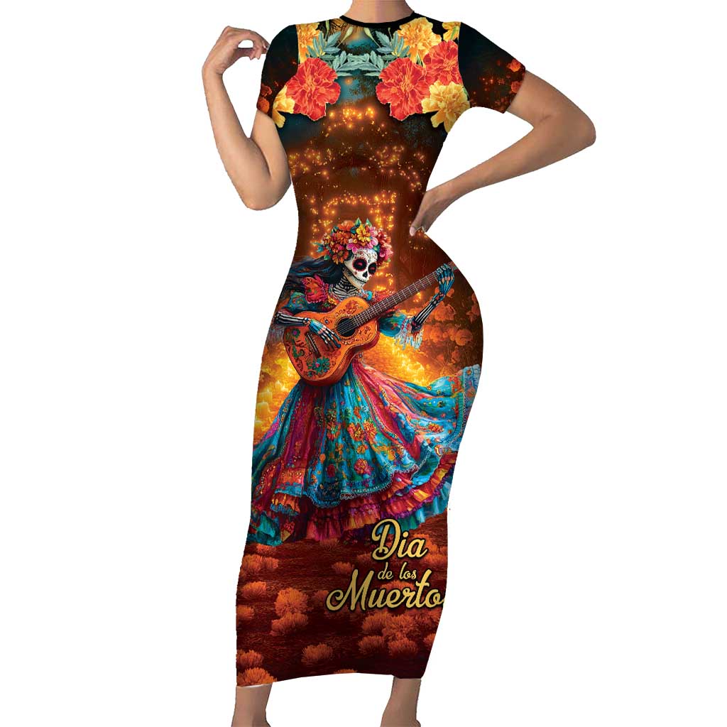 Mexican La Catrina Skeletons Dancing Family Matching Short Sleeve Bodycon Dress and Hawaiian Shirt Dia de Los Muertos Verion 2 - Wonder Print Shop