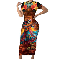 Mexican La Catrina Skeletons Dancing Family Matching Short Sleeve Bodycon Dress and Hawaiian Shirt Dia de Los Muertos Verion 2 - Wonder Print Shop