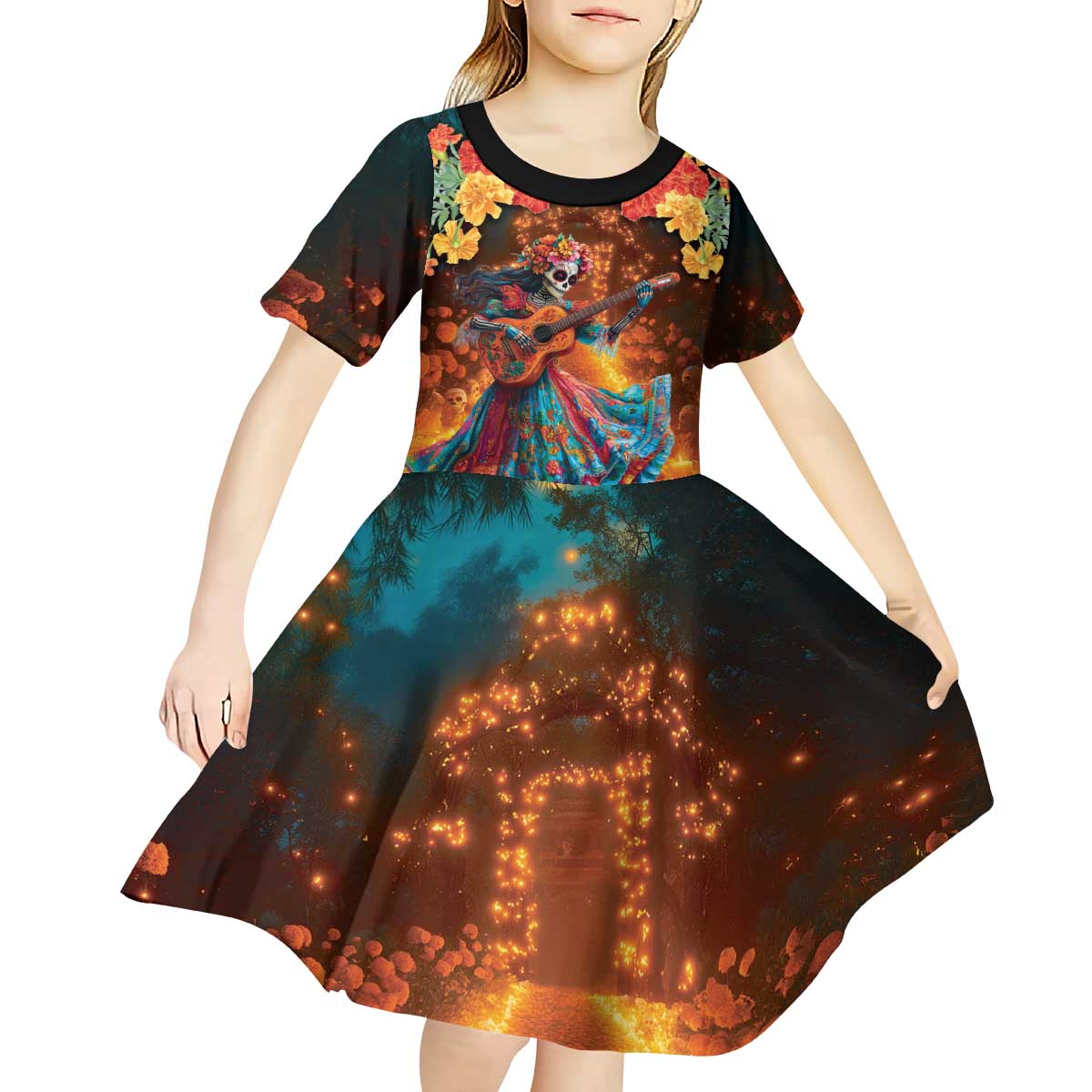Mexican La Catrina Skeletons Dancing Kid Short Sleeve Dress Dia de Los Muertos Verion 2 - Wonder Print Shop