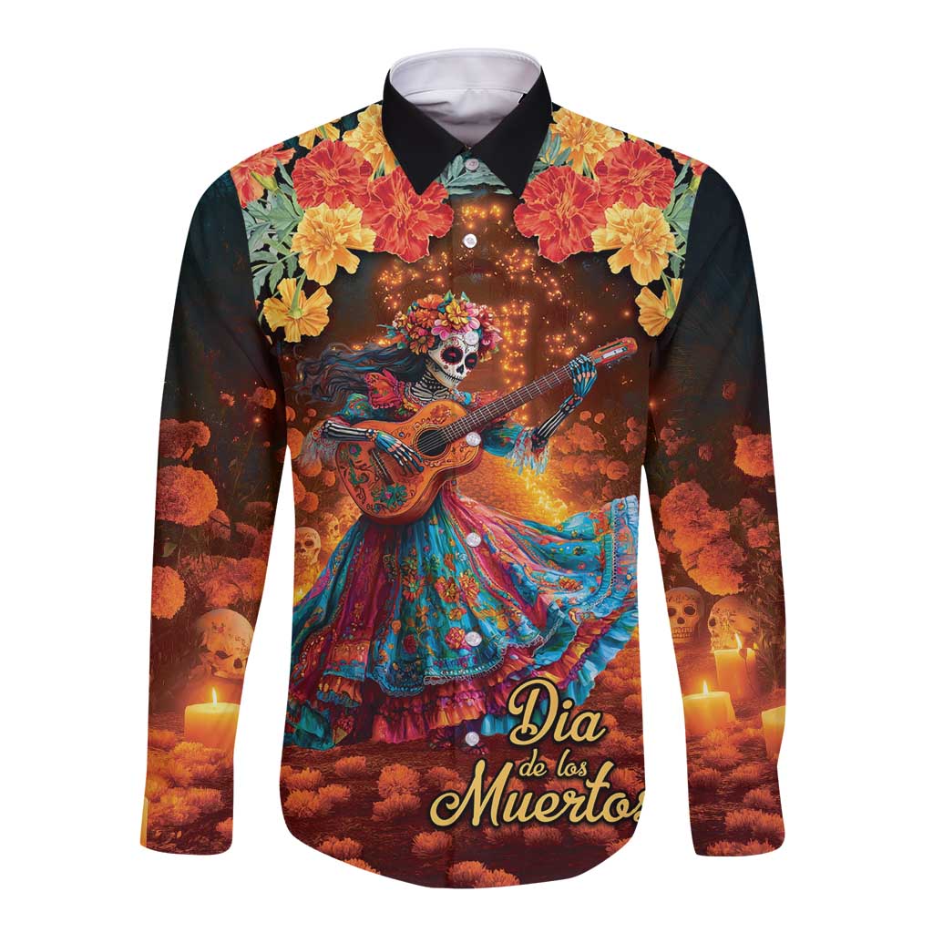 Mexican La Catrina Skeletons Dancing Long Sleeve Button Shirt Dia de Los Muertos Verion 2 - Wonder Print Shop