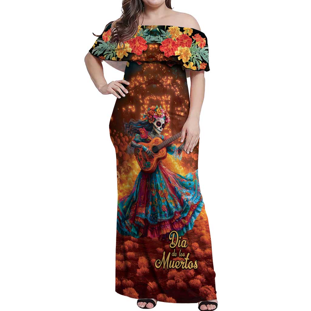 Mexican La Catrina Skeletons Dancing Off Shoulder Maxi Dress Dia de Los Muertos Verion 2 - Wonder Print Shop