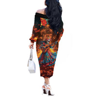 Mexican La Catrina Skeletons Dancing Off The Shoulder Long Sleeve Dress Dia de Los Muertos Verion 2 - Wonder Print Shop