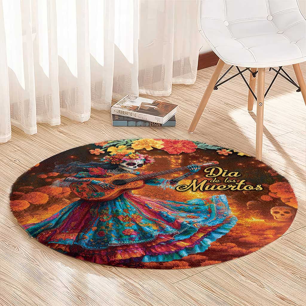 Mexican La Catrina Skeletons Dancing Round Carpet Dia de Los Muertos Verion 2