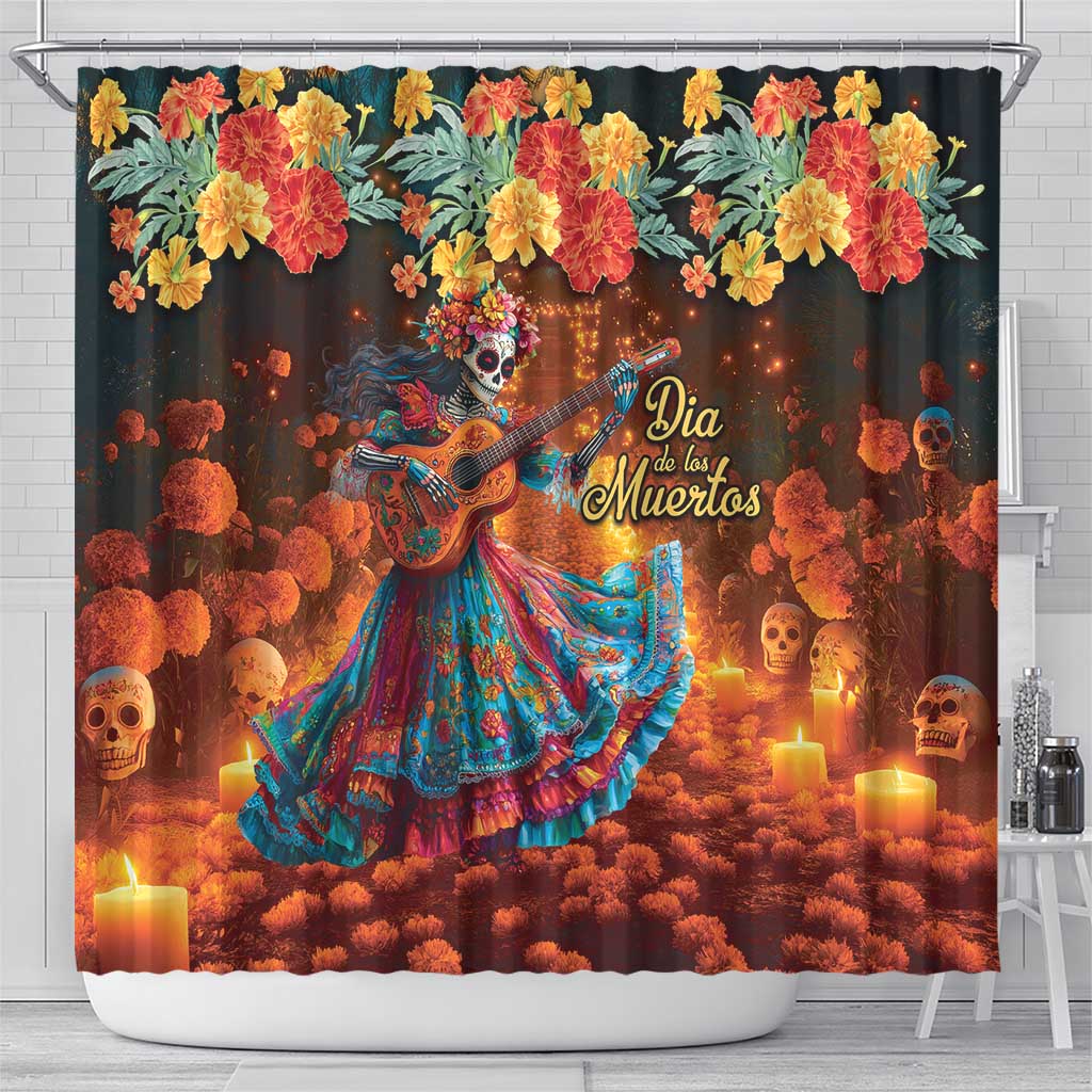 Mexican La Catrina Skeletons Dancing Shower Curtain Dia de Los Muertos Verion 2