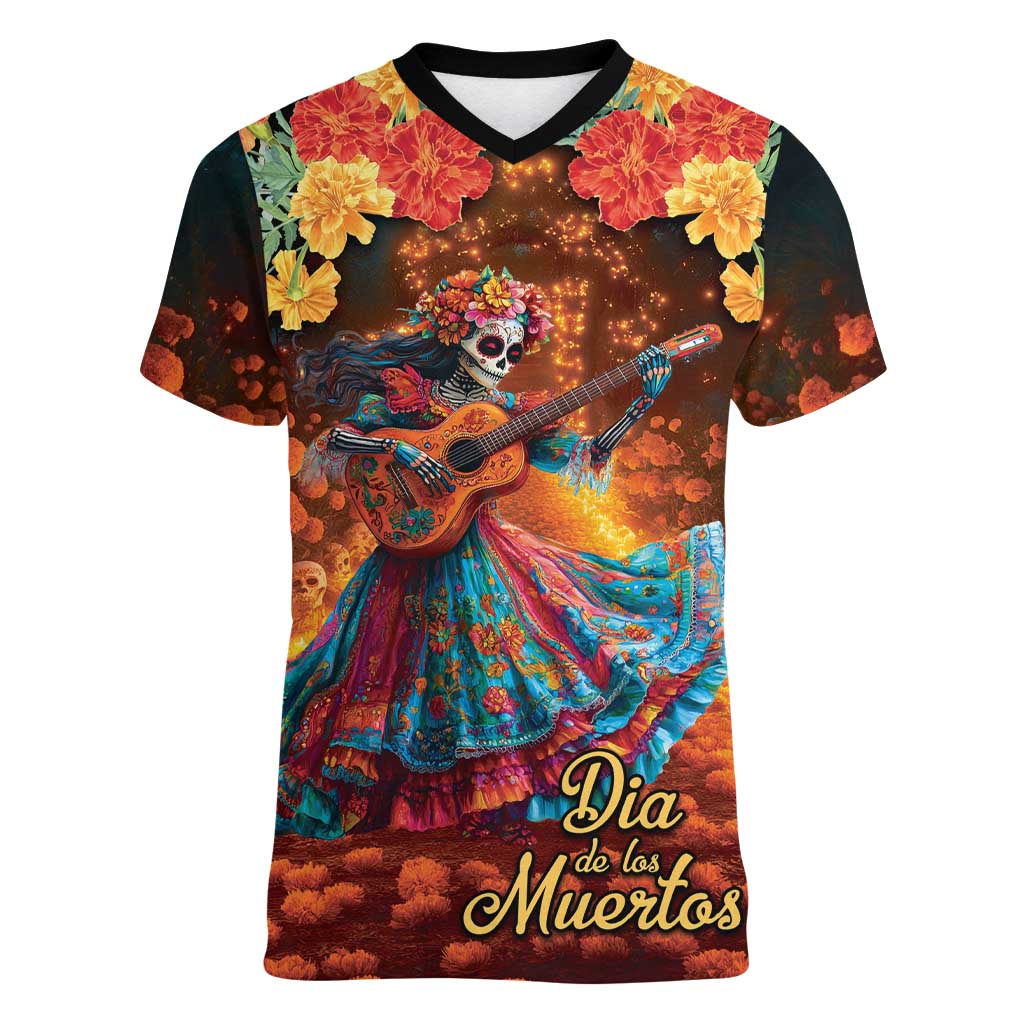 Mexican La Catrina Skeletons Dancing Women V-Neck T-Shirt Dia de Los Muertos Verion 2 - Wonder Print Shop