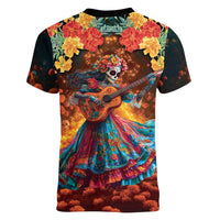 Mexican La Catrina Skeletons Dancing Women V-Neck T-Shirt Dia de Los Muertos Verion 2 - Wonder Print Shop