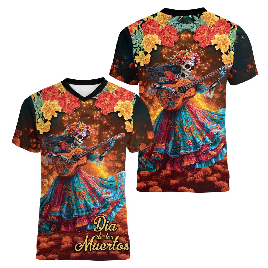 Mexican La Catrina Skeletons Dancing Women V-Neck T-Shirt Dia de Los Muertos Verion 2 - Wonder Print Shop