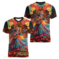 Mexican La Catrina Skeletons Dancing Women V-Neck T-Shirt Dia de Los Muertos Verion 2 - Wonder Print Shop