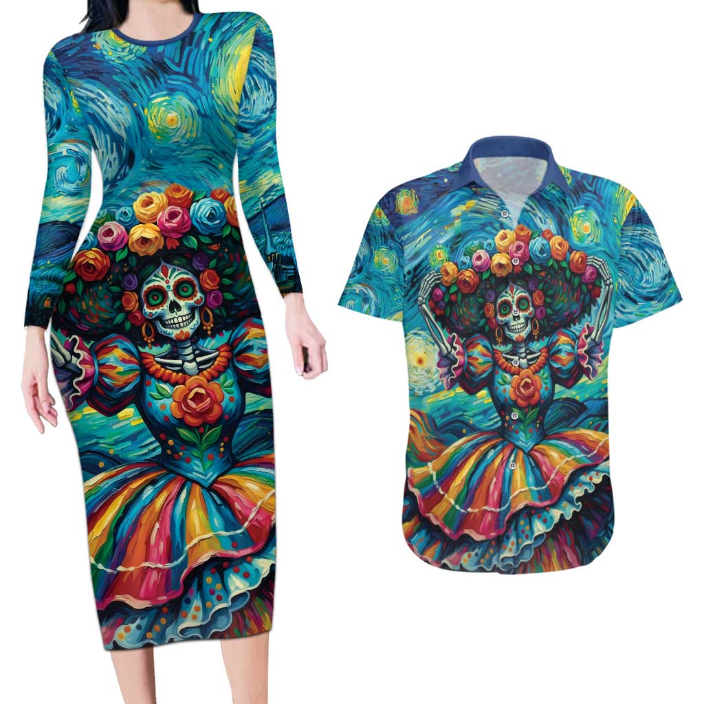 Día de los Muertos Couples Matching Long Sleeve Bodycon Dress and Hawaiian Shirt A Swirl of Colors and Souls - Wonder Print Shop