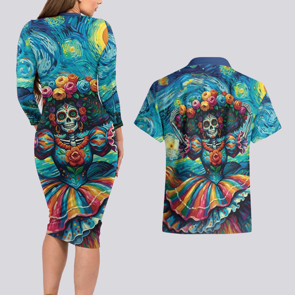Día de los Muertos Couples Matching Long Sleeve Bodycon Dress and Hawaiian Shirt A Swirl of Colors and Souls - Wonder Print Shop
