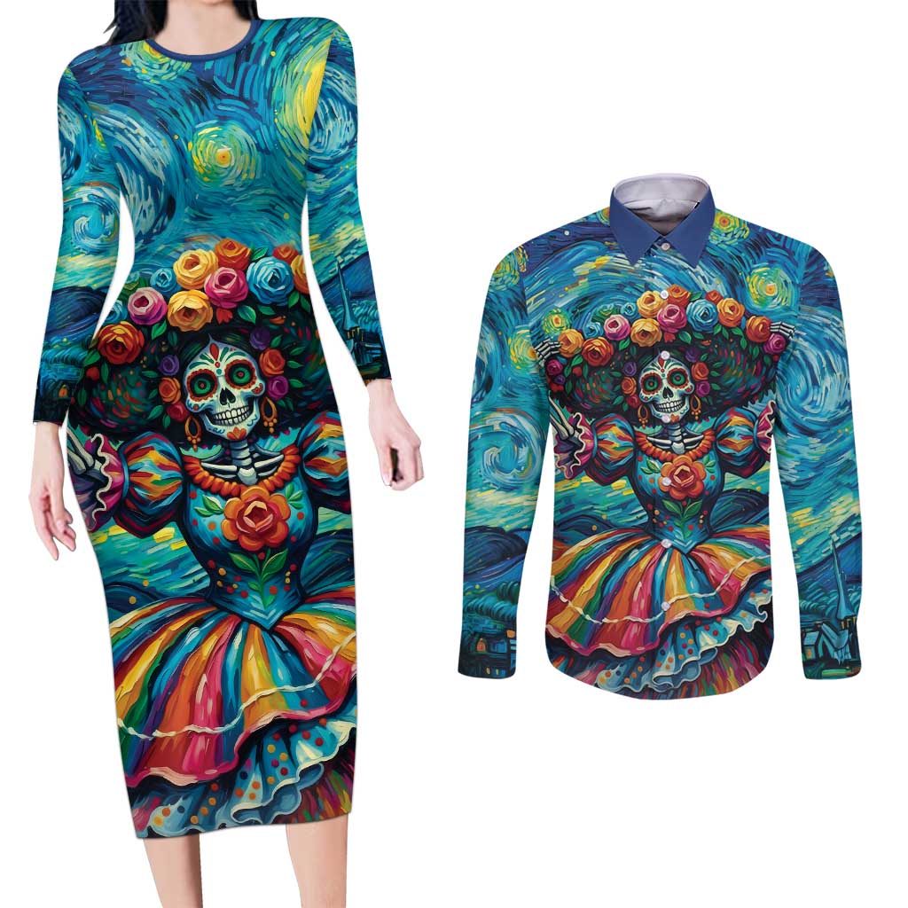 Día de los Muertos Couples Matching Long Sleeve Bodycon Dress and Long Sleeve Button Shirt A Swirl of Colors and Souls - Wonder Print Shop