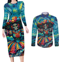 Día de los Muertos Couples Matching Long Sleeve Bodycon Dress and Long Sleeve Button Shirt A Swirl of Colors and Souls - Wonder Print Shop