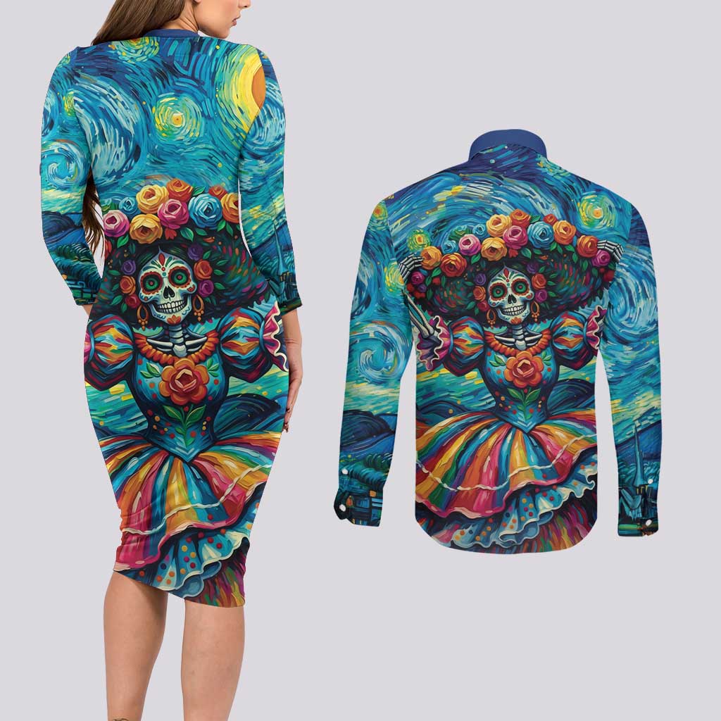 Día de los Muertos Couples Matching Long Sleeve Bodycon Dress and Long Sleeve Button Shirt A Swirl of Colors and Souls - Wonder Print Shop