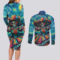 Día de los Muertos Couples Matching Long Sleeve Bodycon Dress and Long Sleeve Button Shirt A Swirl of Colors and Souls - Wonder Print Shop