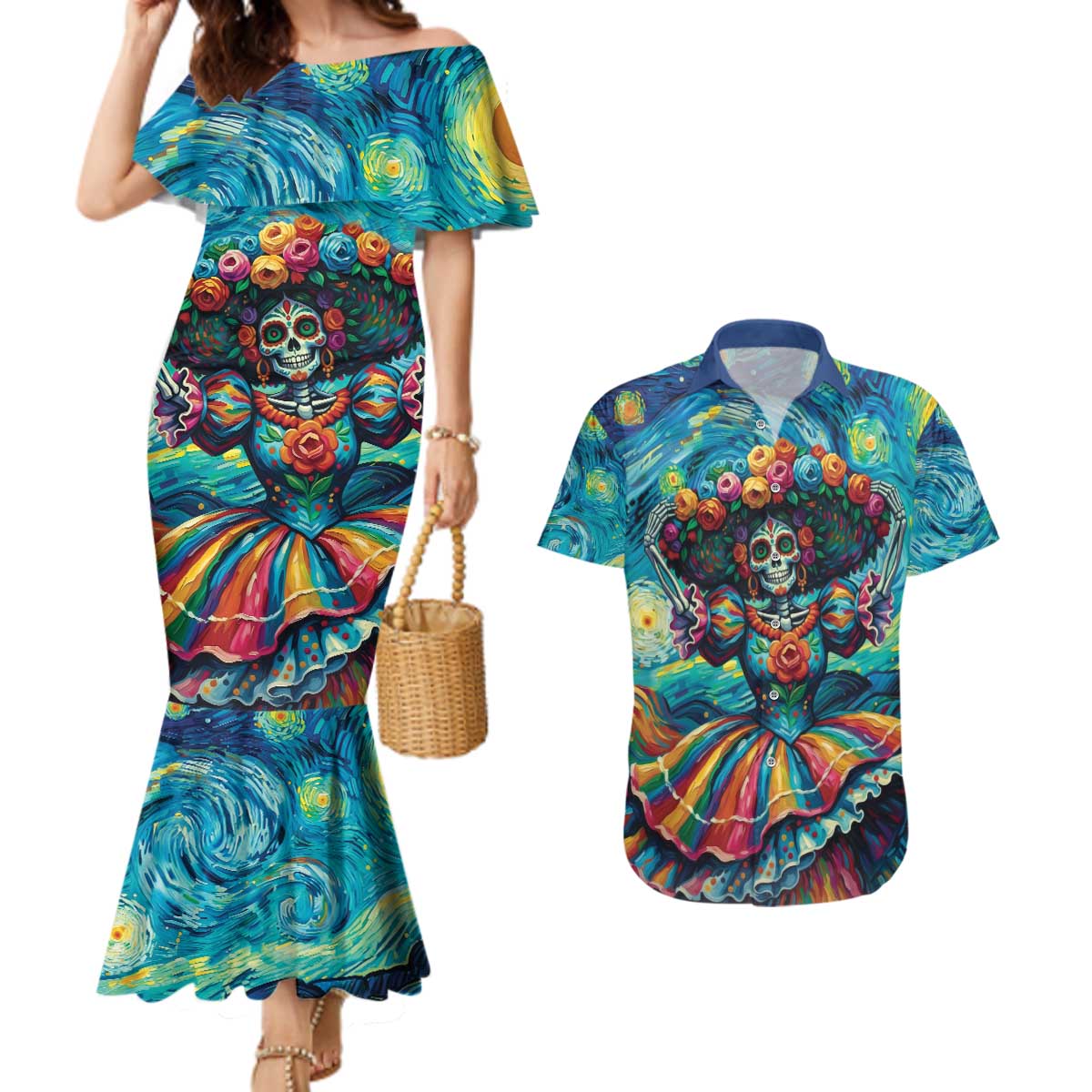 Día de los Muertos Couples Matching Mermaid Dress and Hawaiian Shirt A Swirl of Colors and Souls - Wonder Print Shop