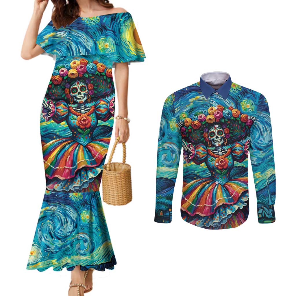 Día de los Muertos Couples Matching Mermaid Dress and Long Sleeve Button Shirt A Swirl of Colors and Souls - Wonder Print Shop
