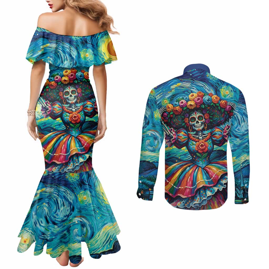 Día de los Muertos Couples Matching Mermaid Dress and Long Sleeve Button Shirt A Swirl of Colors and Souls - Wonder Print Shop