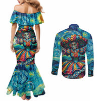 Día de los Muertos Couples Matching Mermaid Dress and Long Sleeve Button Shirt A Swirl of Colors and Souls - Wonder Print Shop