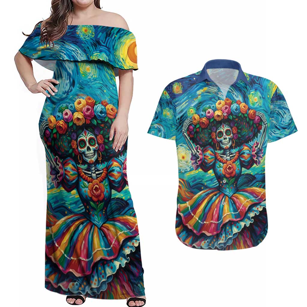 Día de los Muertos Couples Matching Off Shoulder Maxi Dress and Hawaiian Shirt A Swirl of Colors and Souls - Wonder Print Shop