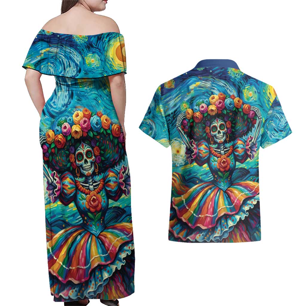 Día de los Muertos Couples Matching Off Shoulder Maxi Dress and Hawaiian Shirt A Swirl of Colors and Souls - Wonder Print Shop