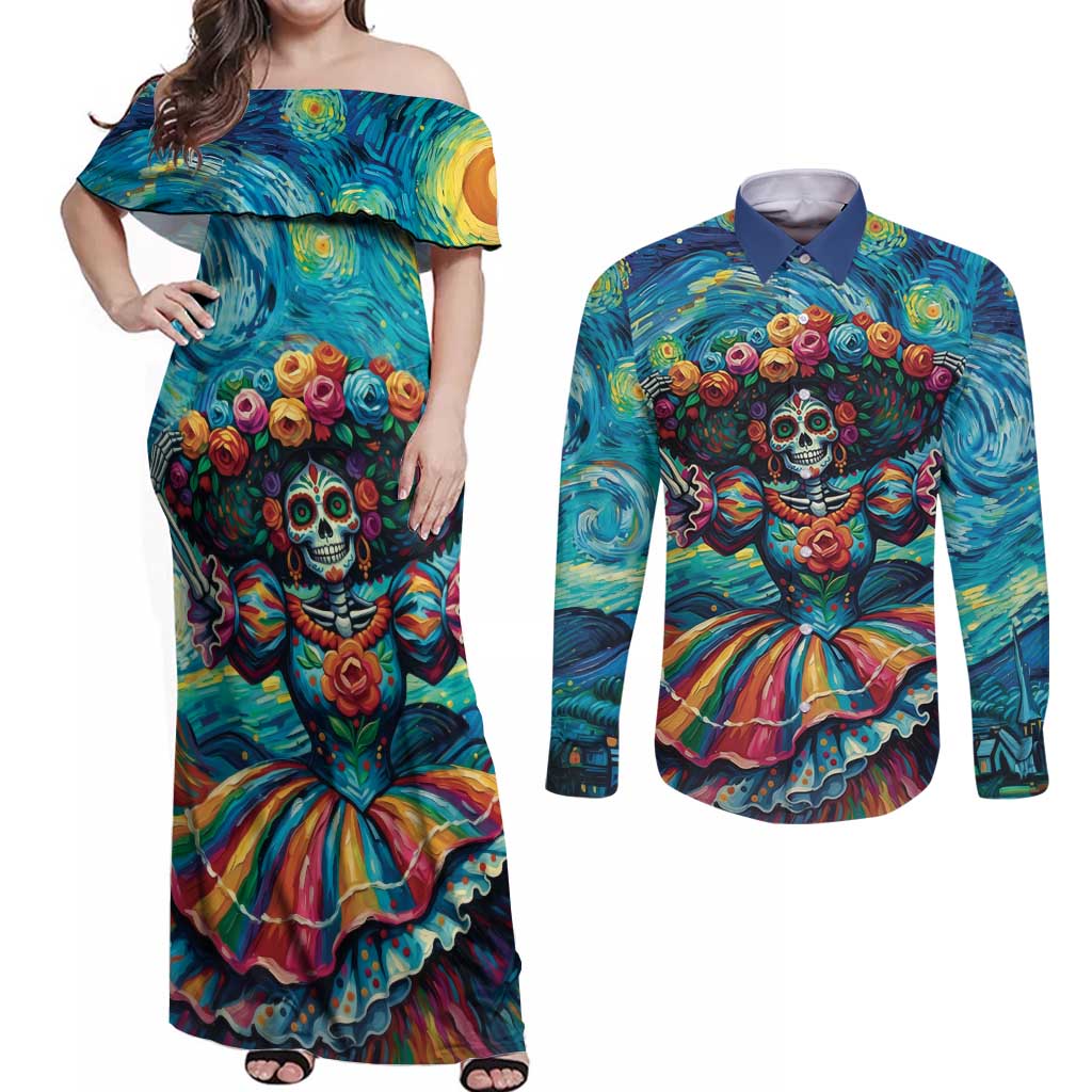 Día de los Muertos Couples Matching Off Shoulder Maxi Dress and Long Sleeve Button Shirt A Swirl of Colors and Souls - Wonder Print Shop