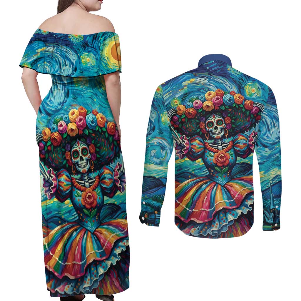 Día de los Muertos Couples Matching Off Shoulder Maxi Dress and Long Sleeve Button Shirt A Swirl of Colors and Souls - Wonder Print Shop
