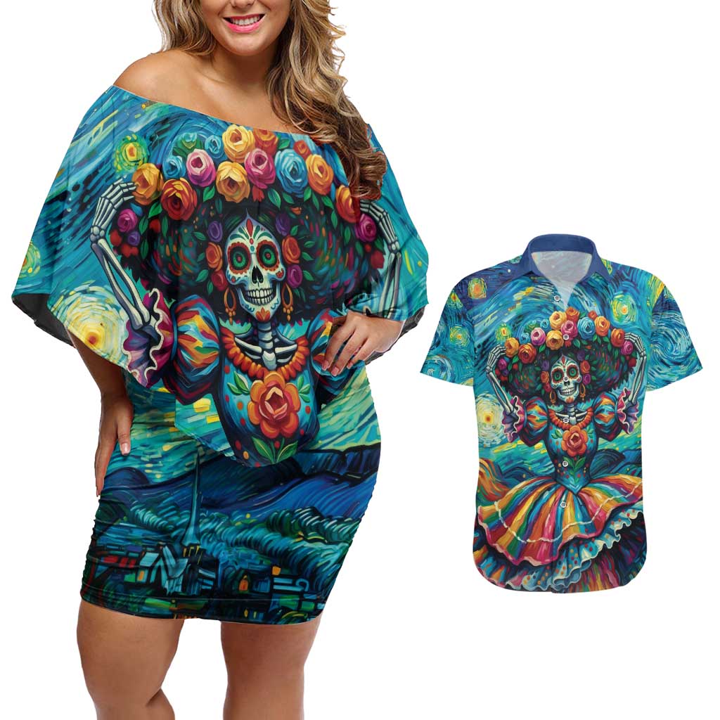 Día de los Muertos Couples Matching Off Shoulder Short Dress and Hawaiian Shirt A Swirl of Colors and Souls - Wonder Print Shop
