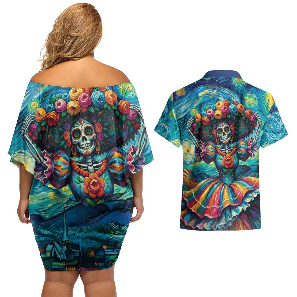 Día de los Muertos Couples Matching Off Shoulder Short Dress and Hawaiian Shirt A Swirl of Colors and Souls - Wonder Print Shop