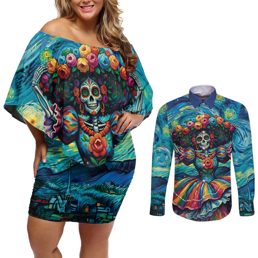 Día de los Muertos Couples Matching Off Shoulder Short Dress and Long Sleeve Button Shirt A Swirl of Colors and Souls - Wonder Print Shop