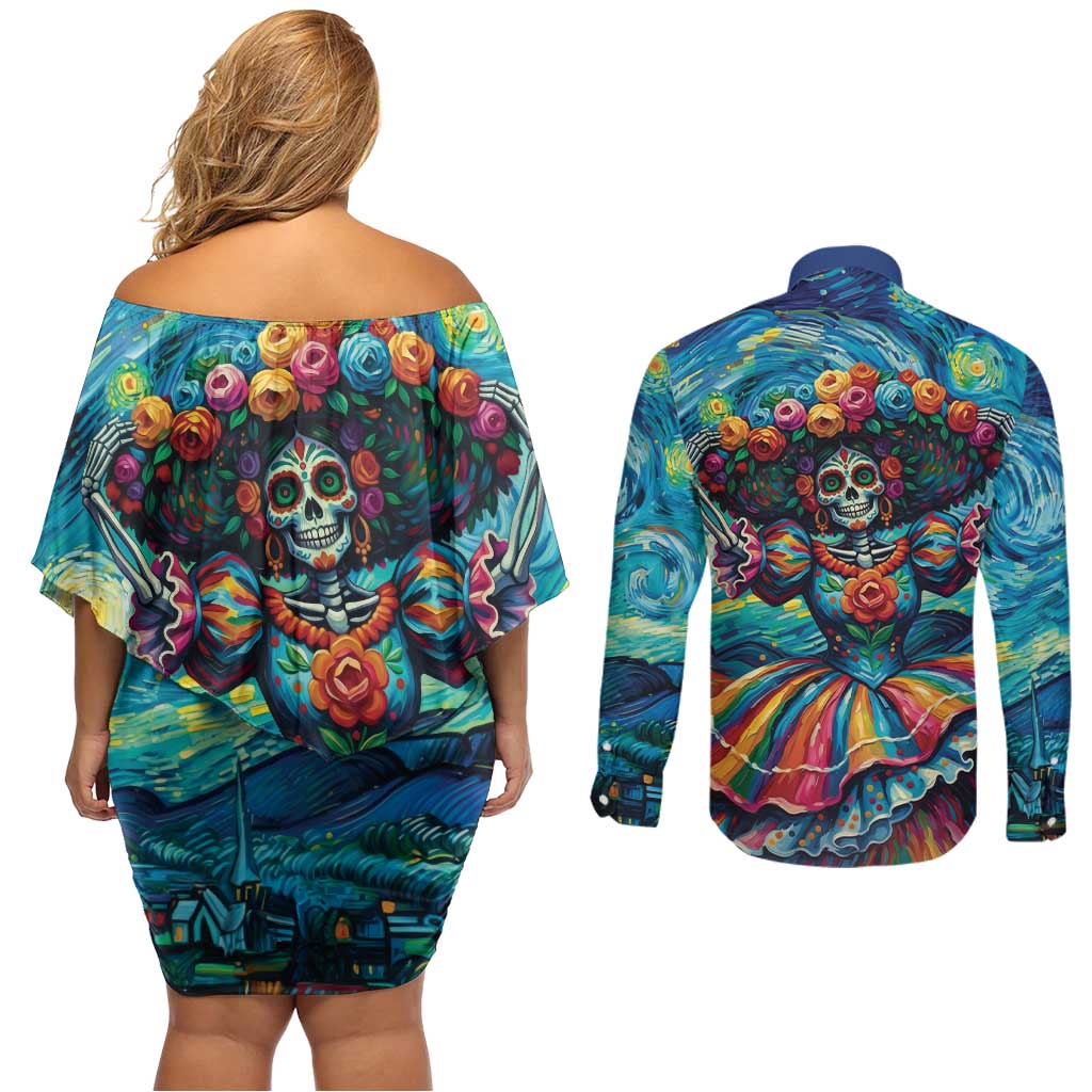 Día de los Muertos Couples Matching Off Shoulder Short Dress and Long Sleeve Button Shirt A Swirl of Colors and Souls - Wonder Print Shop