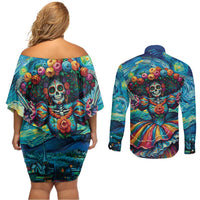 Día de los Muertos Couples Matching Off Shoulder Short Dress and Long Sleeve Button Shirt A Swirl of Colors and Souls - Wonder Print Shop