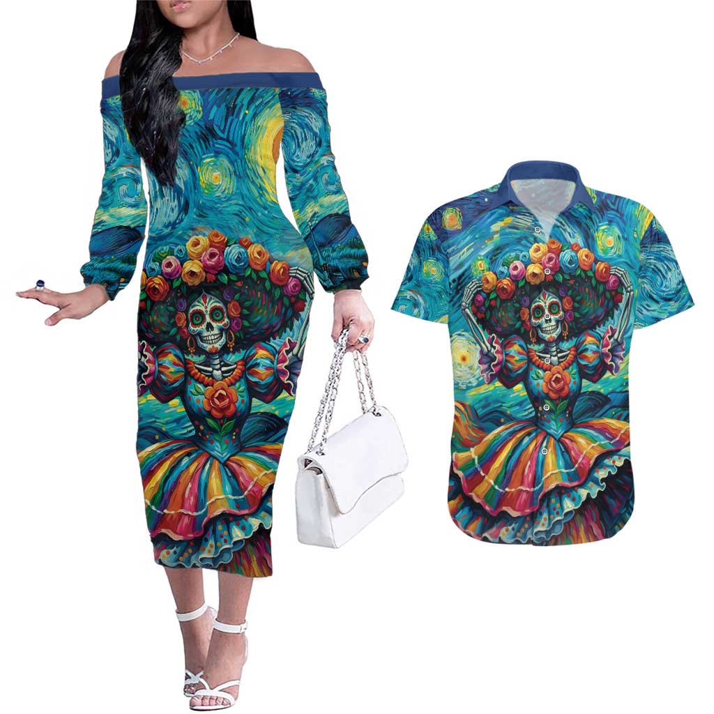 Día de los Muertos Couples Matching Off The Shoulder Long Sleeve Dress and Hawaiian Shirt A Swirl of Colors and Souls - Wonder Print Shop