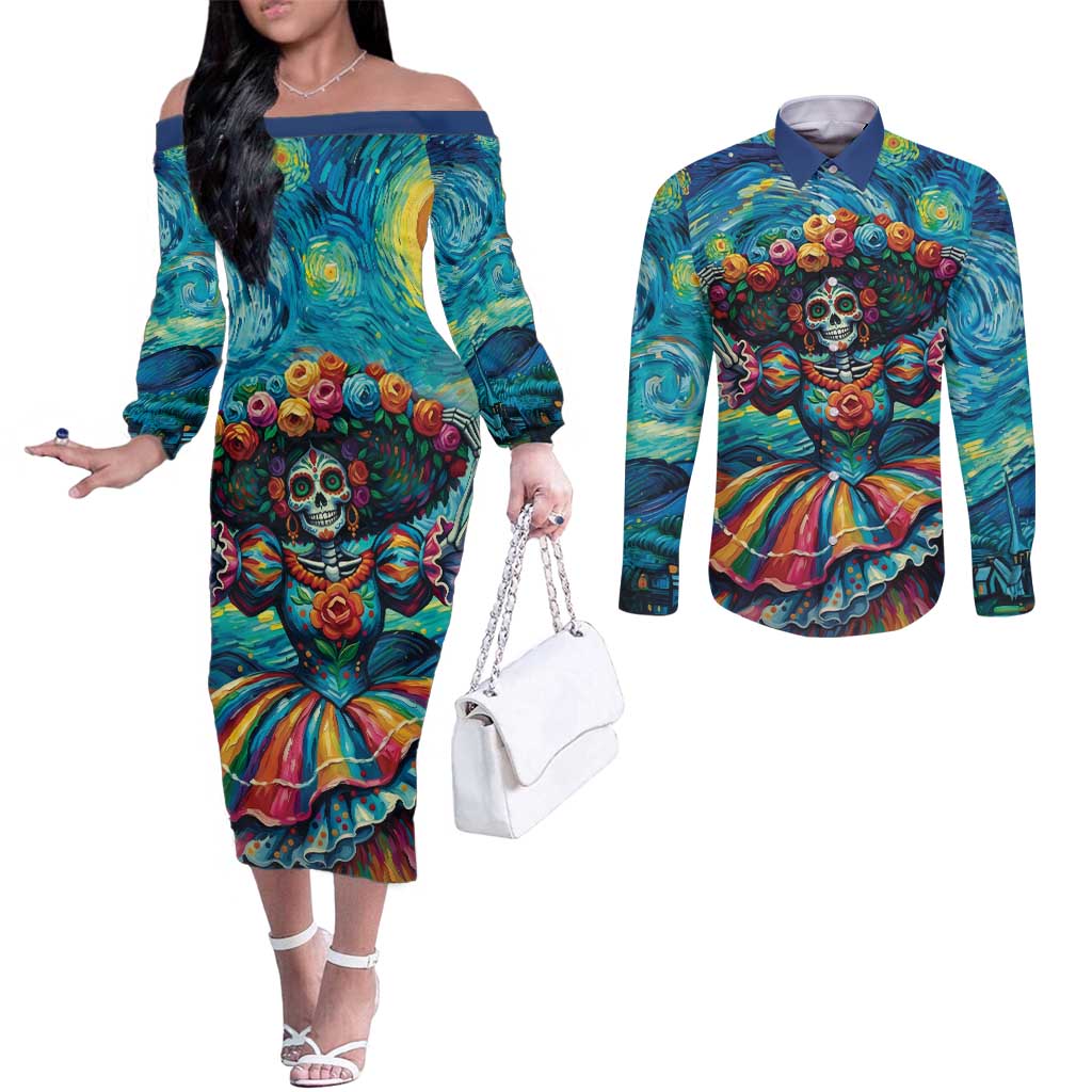 Día de los Muertos Couples Matching Off The Shoulder Long Sleeve Dress and Long Sleeve Button Shirt A Swirl of Colors and Souls - Wonder Print Shop