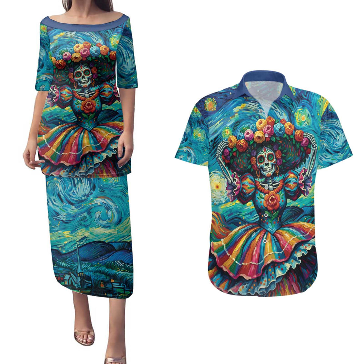 Día de los Muertos Couples Matching Puletasi and Hawaiian Shirt A Swirl of Colors and Souls - Wonder Print Shop